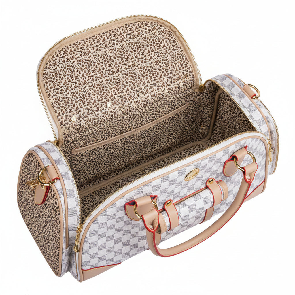 Designer handbag with leopard print and checkered pattern on a white background