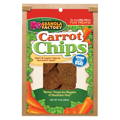 Package of Granola Factory Carrot Chips dog treats with carrots and green leaves on a white background