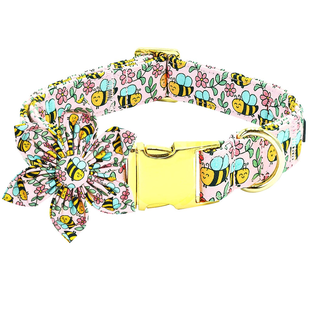 Dog collar with floral and bee pattern on a white background