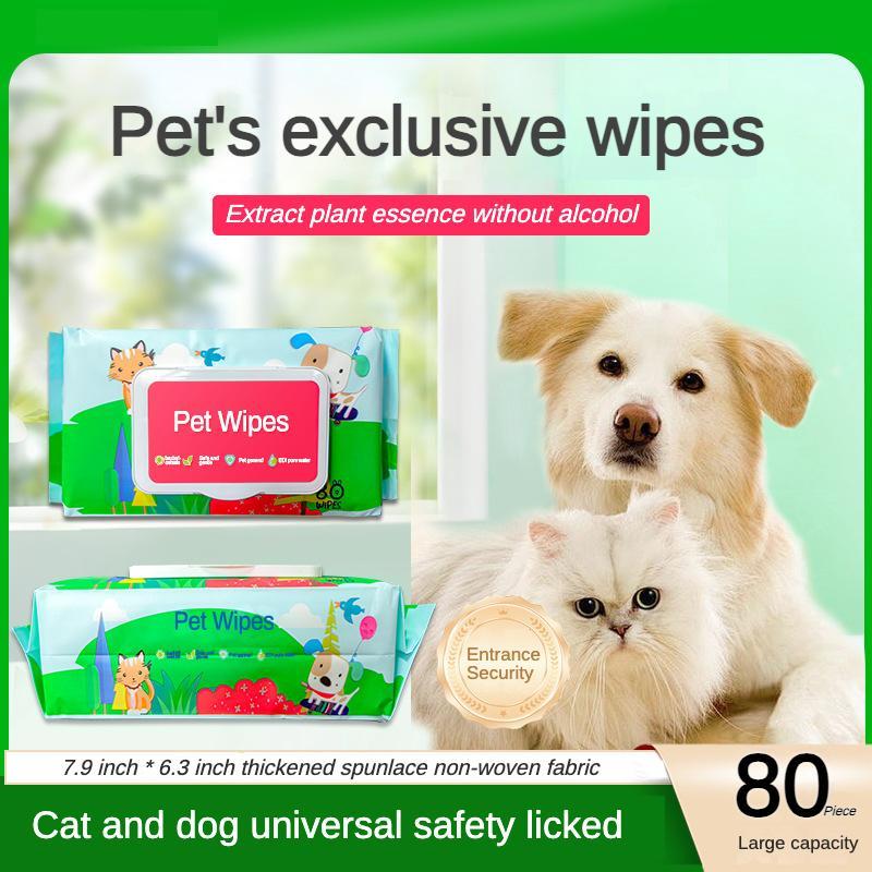 Pet wipes packaging with a dog and cat, and text highlighting features.