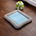 Pet bed with blue cushion on a wooden floor next to a vase of flowers