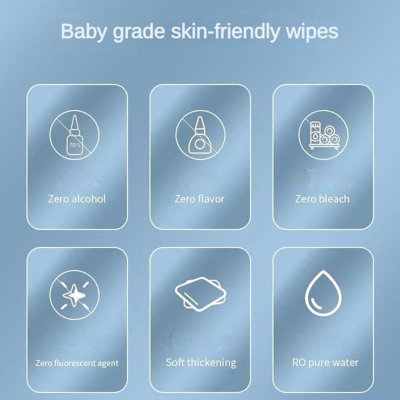Baby grade skin-friendly wipes with icons and text on a blue background