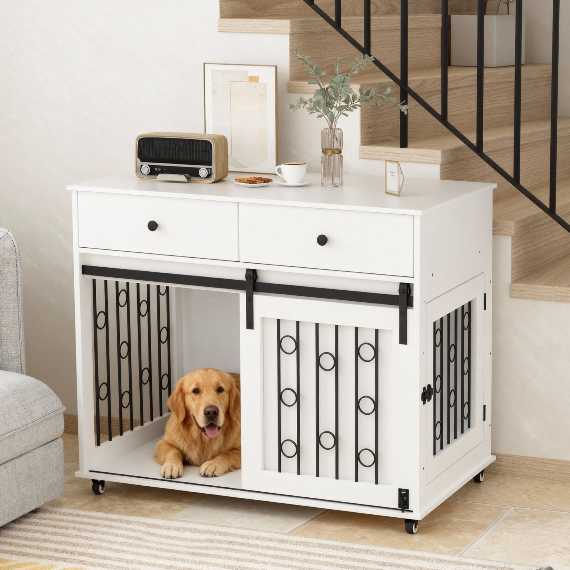White dog crate with black metal bars inside a home setting