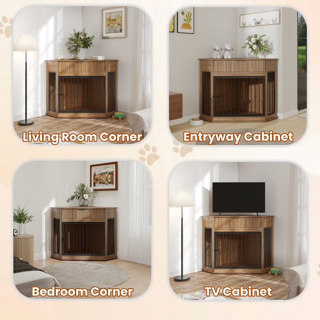 Corner Dog Crate Furniture with Fluted Drawer 