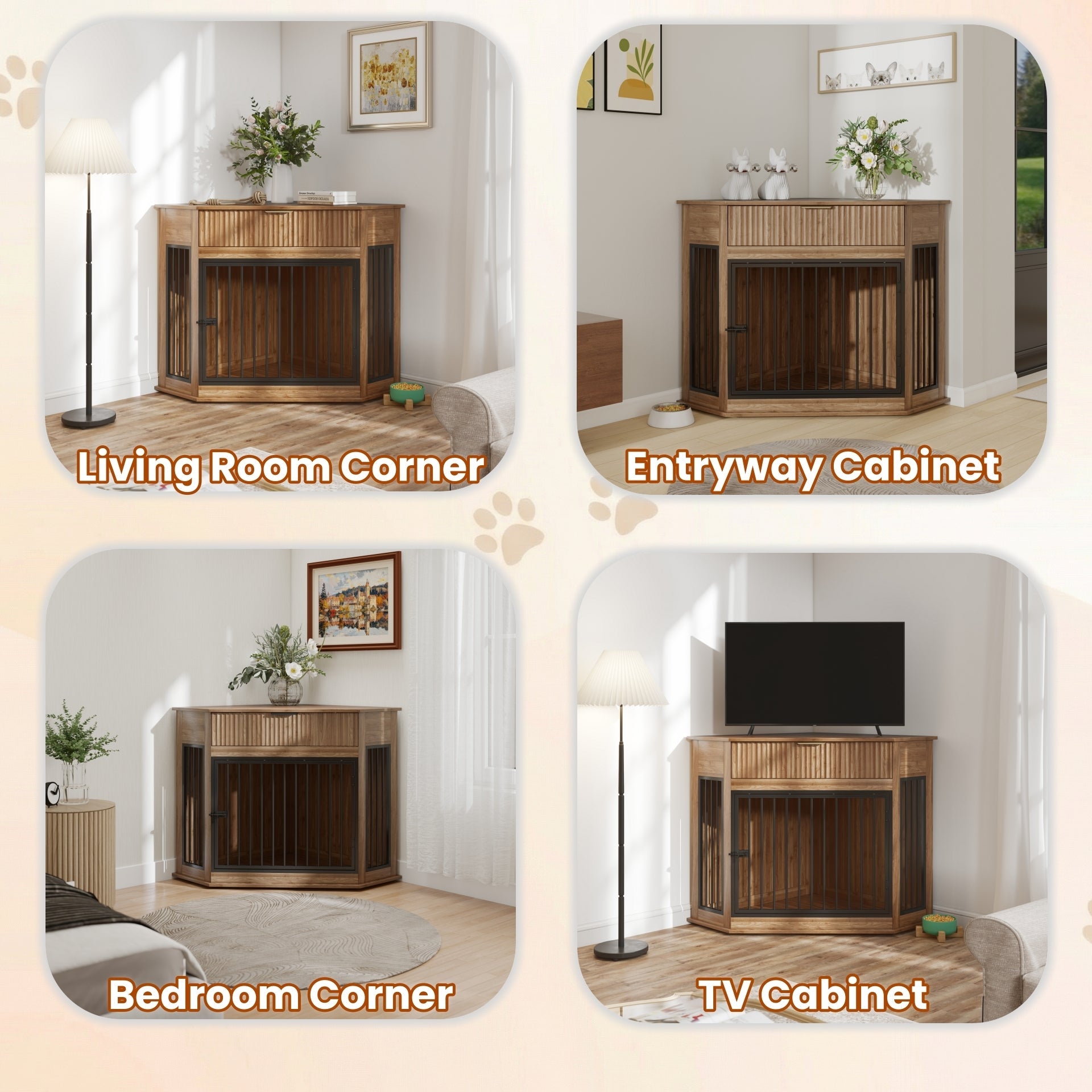 Corner Dog Crate Furniture with Fluted Drawer 