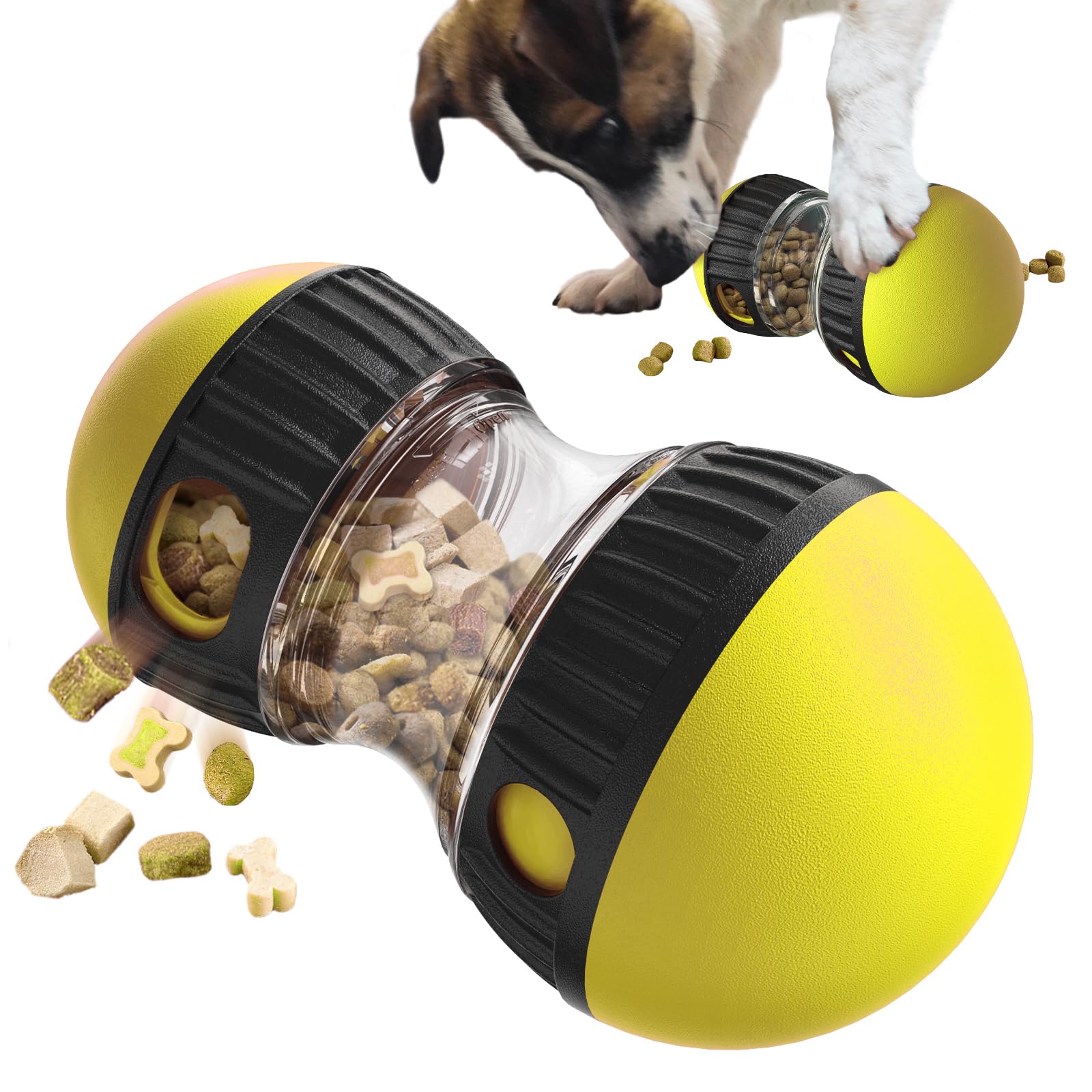 Yellow and black pet toy with food dispensing mechanism, dog interacting with it.