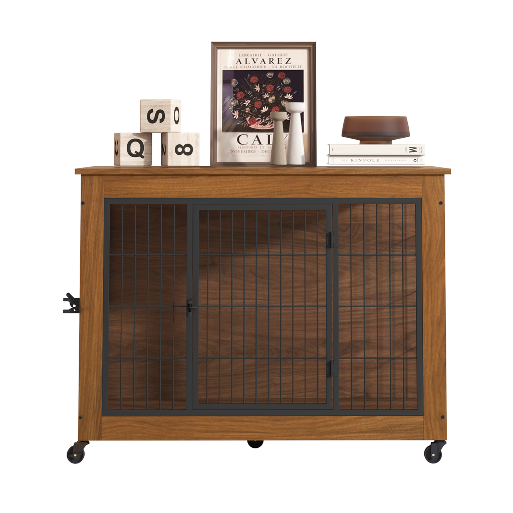 Wooden pet crate with metal grid doors on a white background