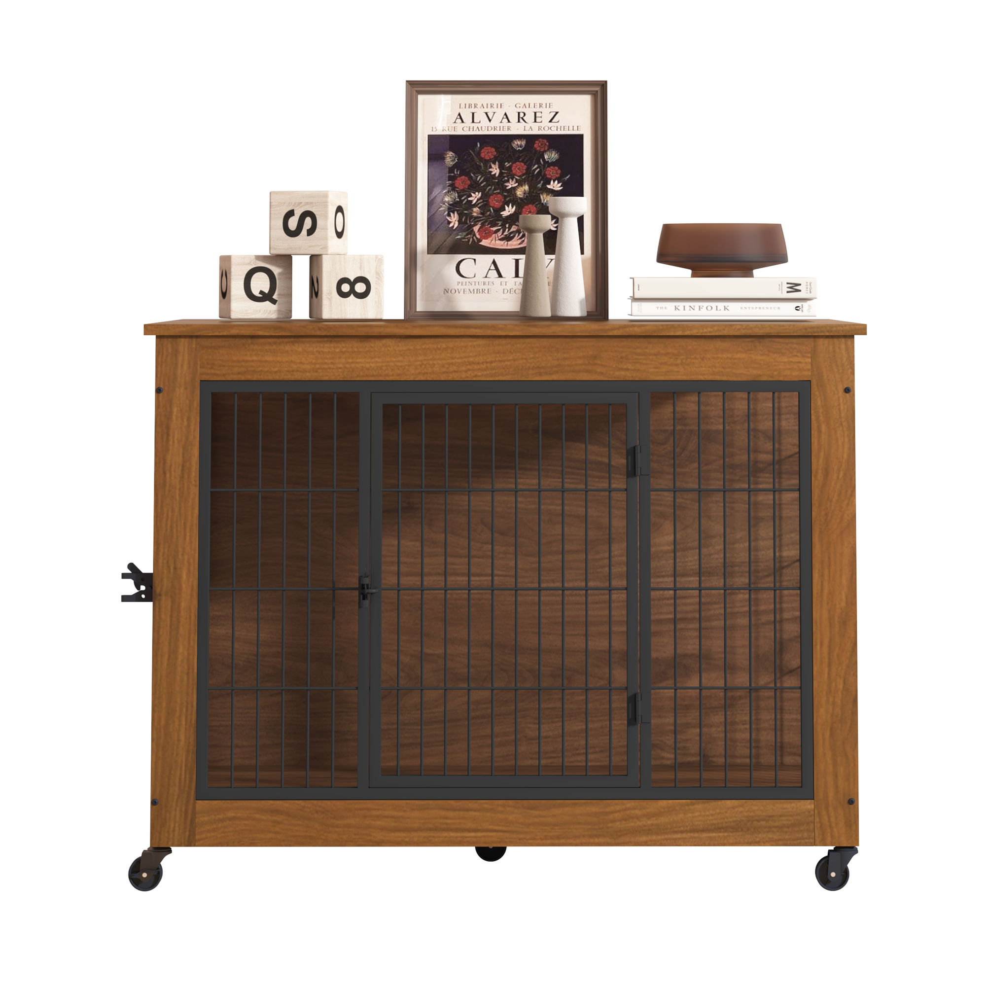 Wooden pet crate with metal grid doors on a white background