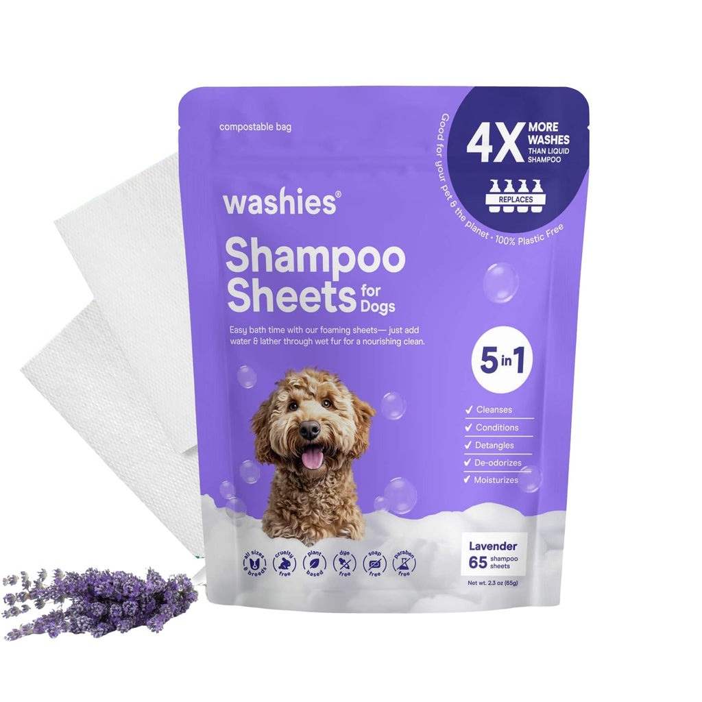 Washies Shampoo Sheets for Dogs packaging with a dog illustration on a white background