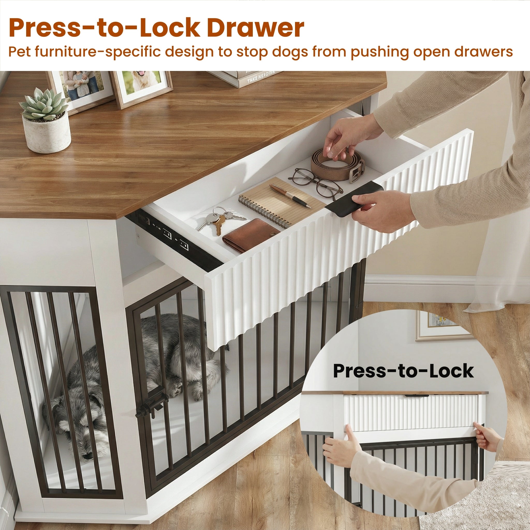 Corner Dog Crate Furniture with Fluted Drawer 