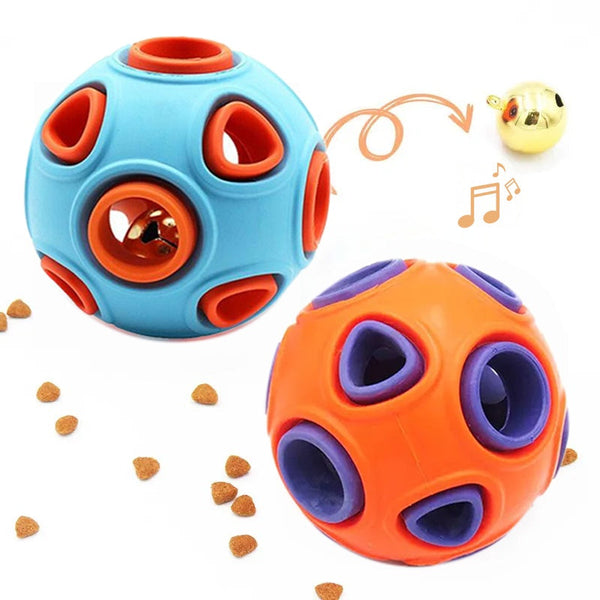Two puzzle balls, one blue and orange, one orange and purple, with scattered treats on a white background.
