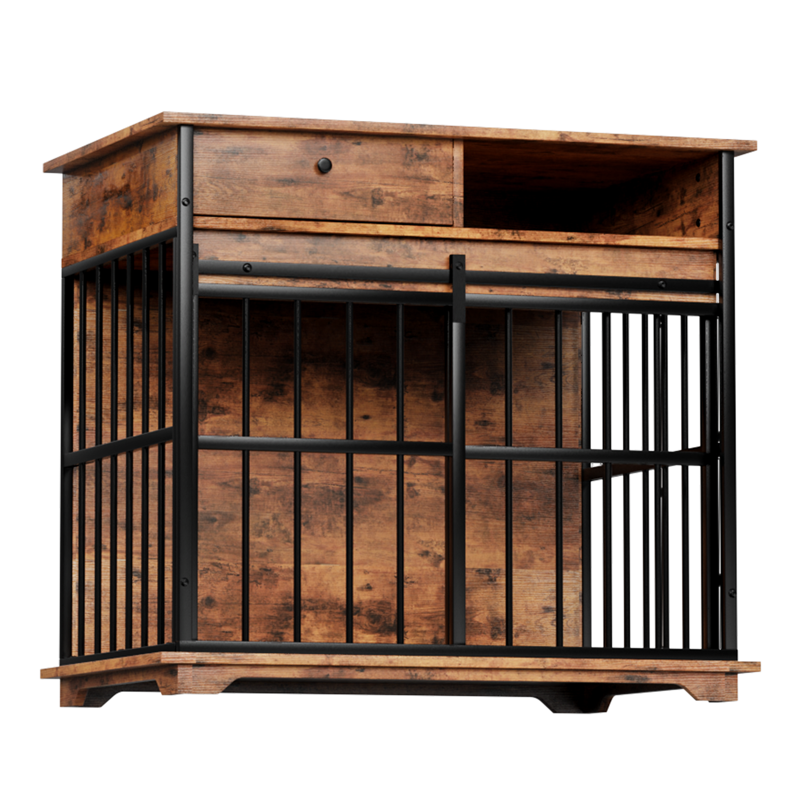 Wooden pet crate with metal bars on a white background