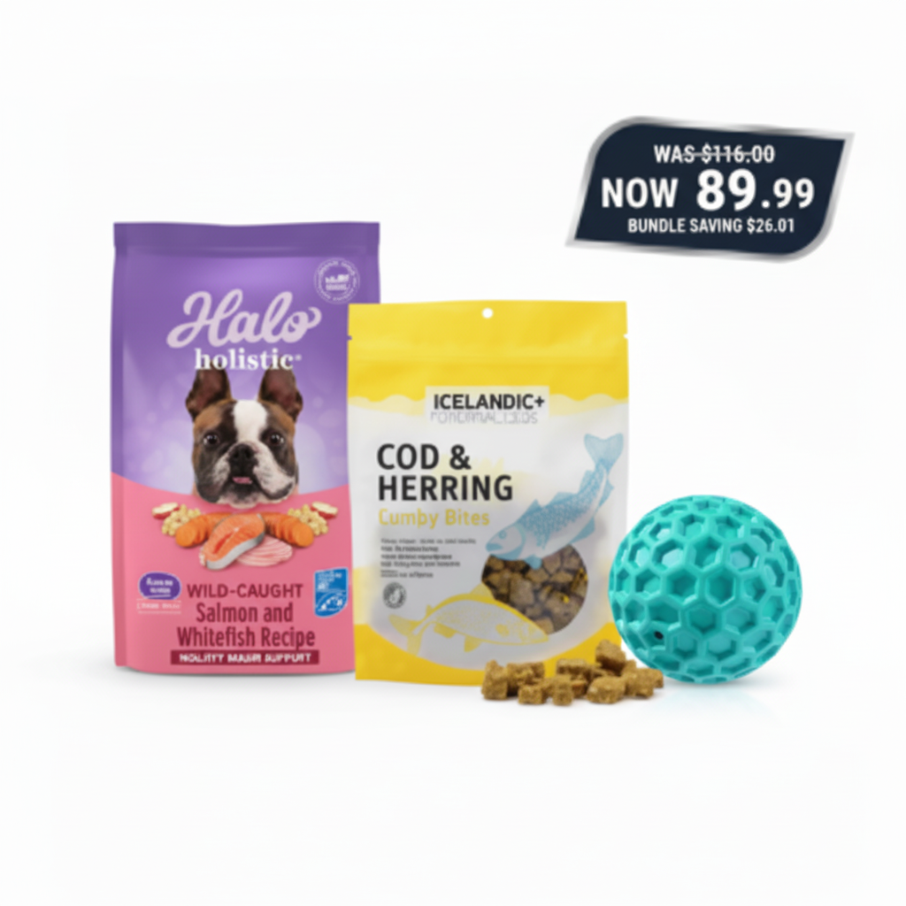 Fuel & Fetch Bundle - Halo Dog Food, Icelandic+ Treats & Squeaky Ball