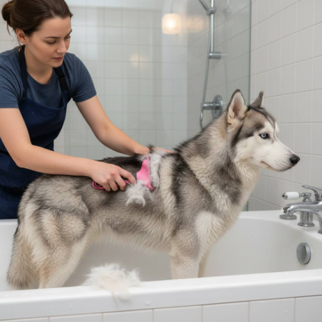Woman bathing a Husky dog in a bathtub with deshedding comb.