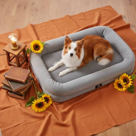 Dog lying on a gray orthopedic pet bed with sunflowers and a small table in the background