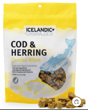 Packaging of Icelandic+ Cod & Herring Combo Bites for dogs with a yellow background.