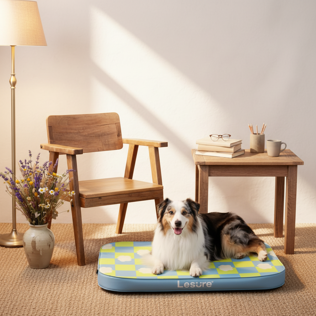 Dog lying on a checkered orthopedic dog bed in a room with a wooden chair and small table.