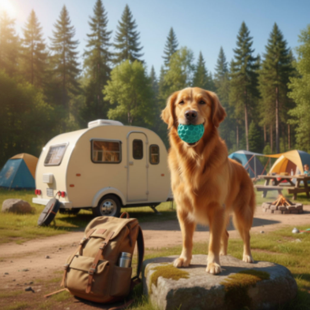 Dog standing on a rock with a camper and tents in the background at a campsite.