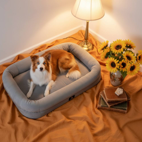 Dog lying on an orthopedic bed with a lamp, flowers, and books in the background