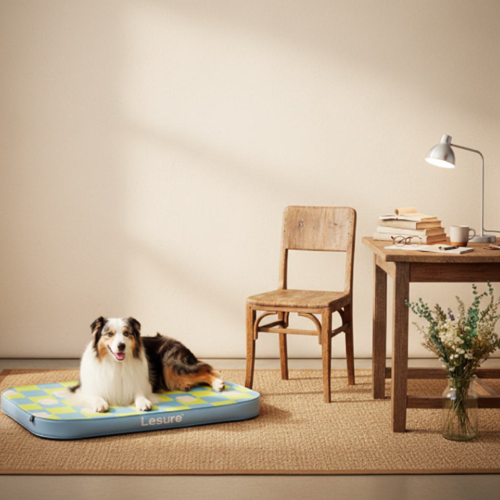Dog lying on a checkered orthopedic pet bed in a room with a chair and table.