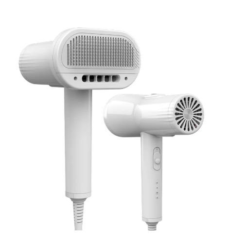 Two white hair dryers on a white background