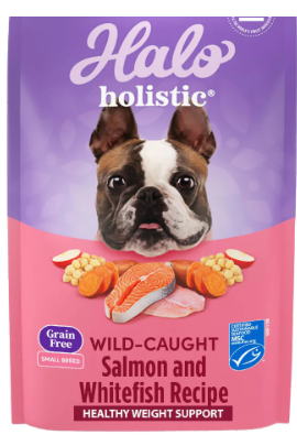 Halo holistic dog food package with a purple and pink design featuring a dog and ingredients.