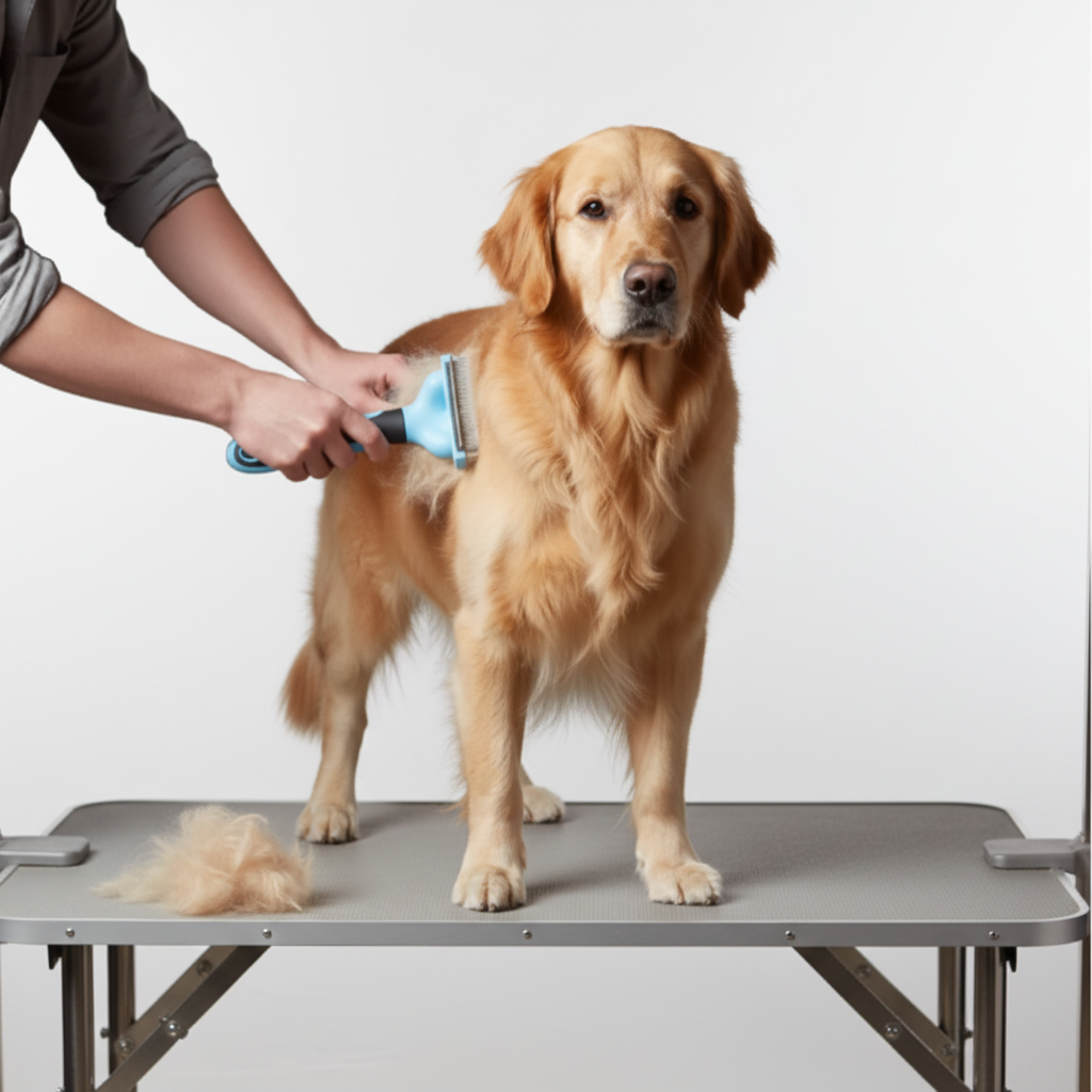 Person grooming a golden retriever on a concrete block with a dark background