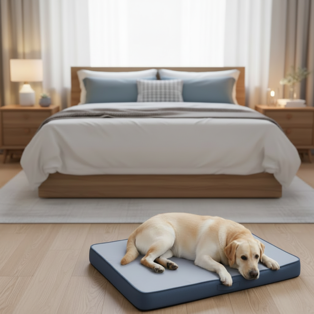 dog lying on orthopedic dog bed