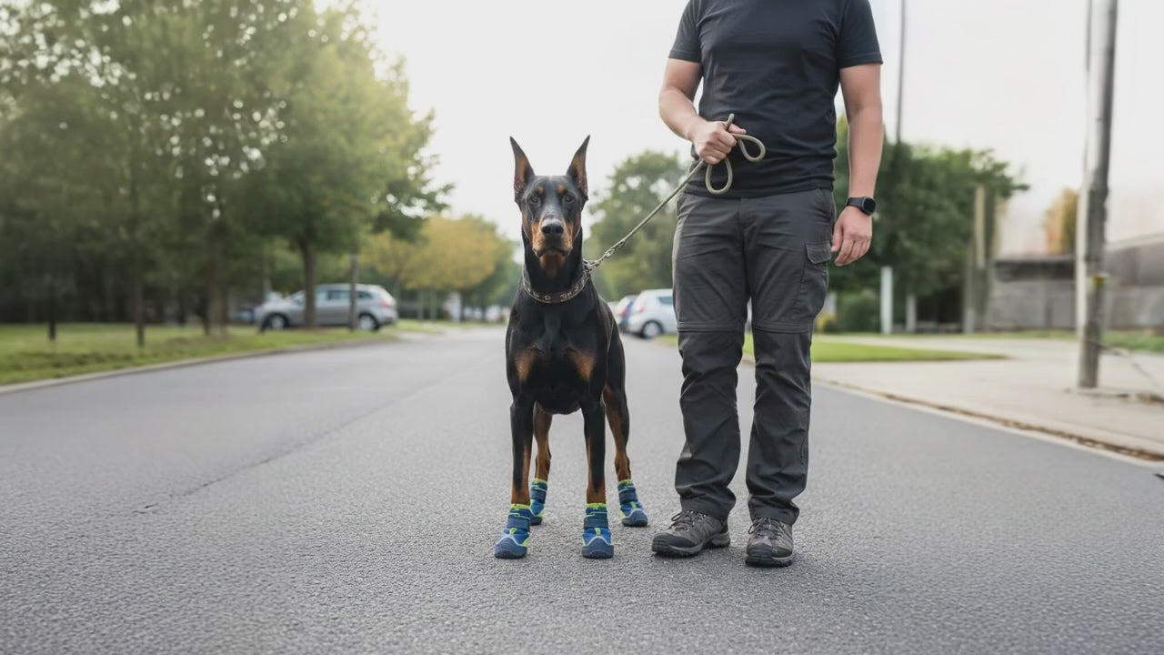 dog walking with blue shoes