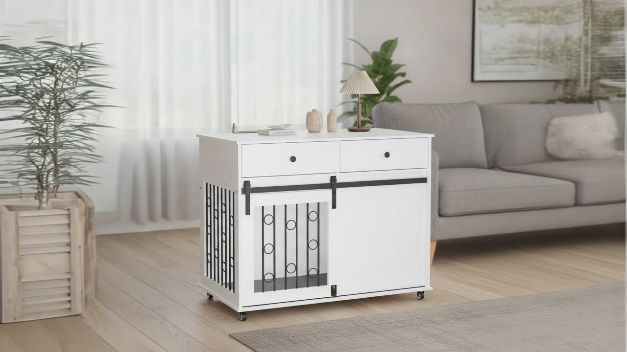 Modern Wooden Dog Crate Furniture with Sliding Barn Door – Indoor Pet Kennel