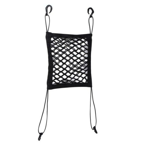 Black car netting organizer with hooks on a white background