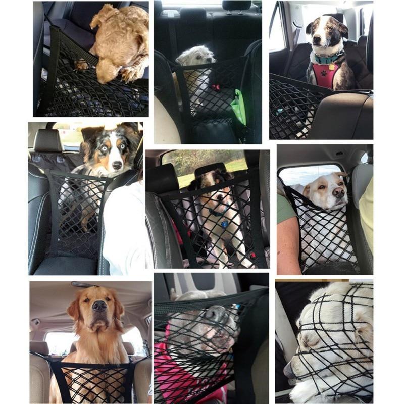Collage of dogs using a car seat cover with mesh design.